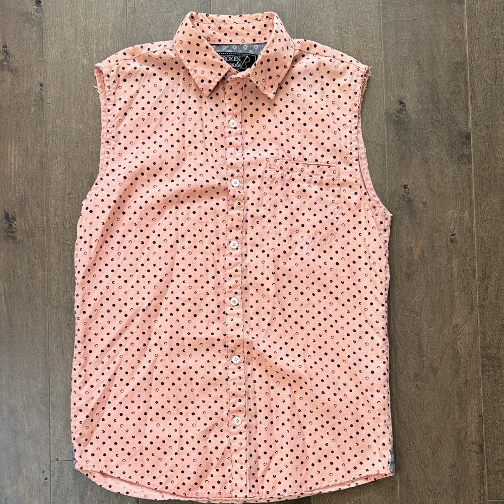 Sleeveless Pink Polka Dot Button Down Shirt